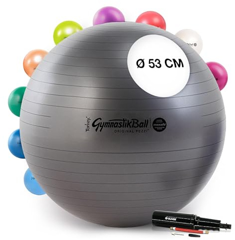 PEZZI Gymnastikball Maxafe Sitzball mit Pumpe | Sitzball mit Burst-Proof-System, belastbar bis 400 kg, für Therapie, Sport und Büro