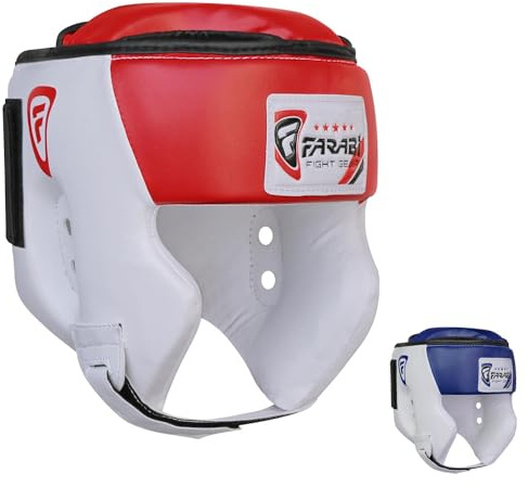 Farabi Sports caschetto boxe with Adjustable Strap, casco boxe Open Face Protection casco sparring boxe MMA, Muay Thai, Sparring, Arti Marziali, Karate, caschetto kick boxing (S, White/Red)
