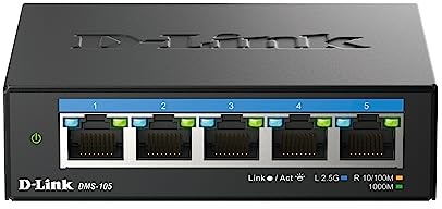 D-Link DMS-105 Switch de Escritorio no administrado de 5 Puertos 2.5G Multi-Gigabit con Cinco Puertos de 2.5 Gigabit, sin Ventilador, Perfil bajo, Compacto, Carcasa de Metal, QoS, Plug and Play