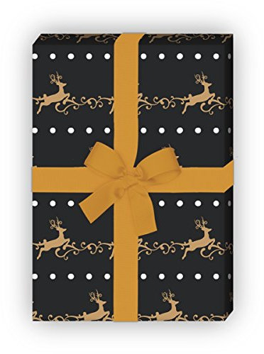 Kartenkaufrausch Edles Streifen Weihnachtspapier, Geschenkpapier Set zu Weihnachten mit springenden Hirschen, grau schwarz, für tolle Geschenk Verpackung, Designpapier, 4 Bogen, 32 x 48cm