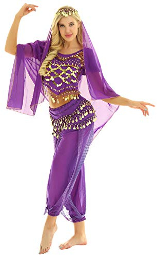 ranrann Disfraz Danza del Vientre para Mujer Lentejuelas Vestido Danza del Oriental Cosplay Conjunto de Baile India Árabe Disfraces Fiesta Carnaval Actuación Morado Talla Única