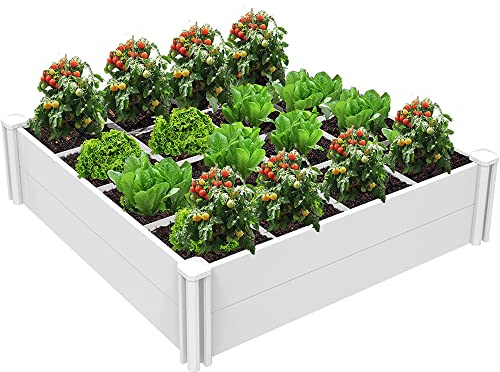 Kdgarden Raised Garden Bed Kit 4'x4' Outdoor Above Ground Planter Box for Growing Vegetables Flowers Herbs, DIY Gardening, Whelping Pen and More, Screwless White Vinyl Garden Bed with Grid