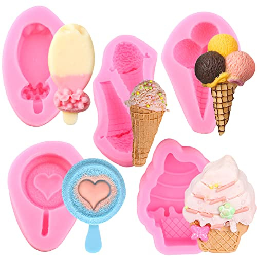 Mujiang Mini Summer Ice Cream Cone Popsicle Silicone Mold For Baby Birthday Cake Decorating Cupcake Candy Clay Chocolate Gum Paste Set Of 5