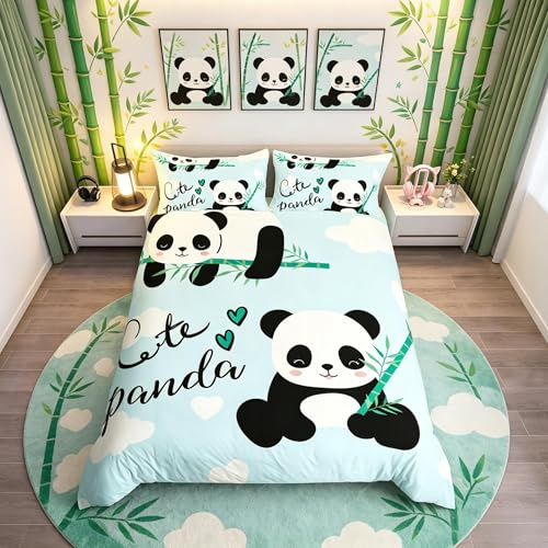 Set di biancheria da letto con copripiumino con simpatico panda per bambini e bambine, set di biancheria da letto con copripiumino e federe con panda cartoon, copertura per letto per ragazzi e ragazze