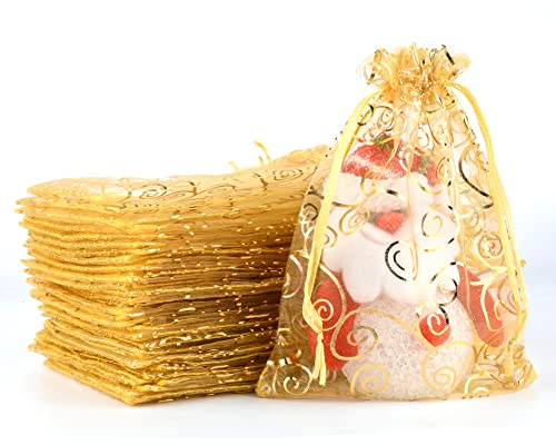100 Stück Gold Organzasäckchen 13x18 cm Druck Schmuckbeutel Organzabeutel Geschenkbeutel Hochzeit Säckchen mit Kordelzug für Festival Geburtstag Party
