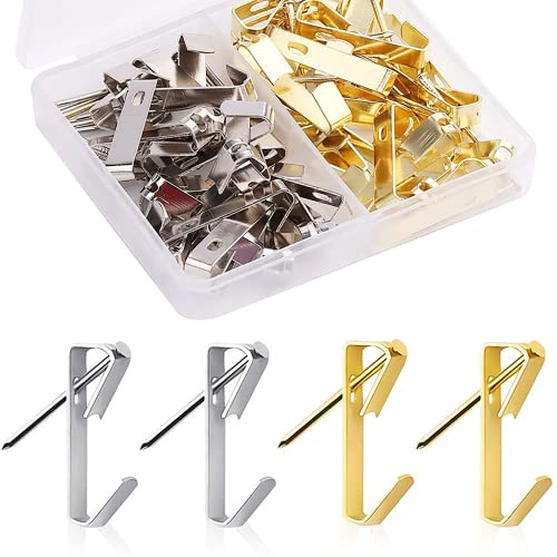 Picture Hooks 40Pcs Picture Hanging Kit Stainless Steel Picture Hanging Hooks Silver & Gold Picture Frame Hooks Picture Hooks with Nails for Hard Walls,Plasterboard Walls