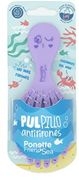 PONETTE FRIENDSEA - Cepillo de Pelo Desenredante Antitirones Infantil Morado Lila, Compacto, Viaje, Plástico Reciclado, Pulpillo, Divertido, Niños, Niñas, Sin Tirones, Reciclable, Marca Española