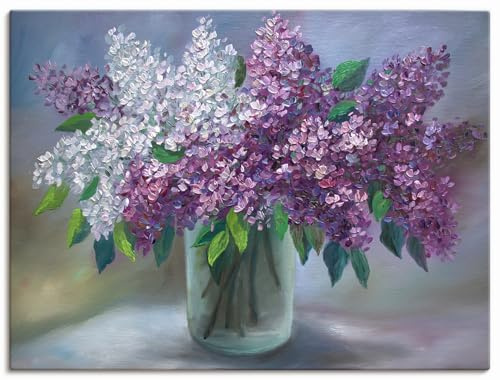 ARTLAND Wanddeko Leinwand Bilder Wandbild 60x45 cm Stillleben Vase Glas Pflanzen Blumen Blüten Flieder Lila Weiß U4QA