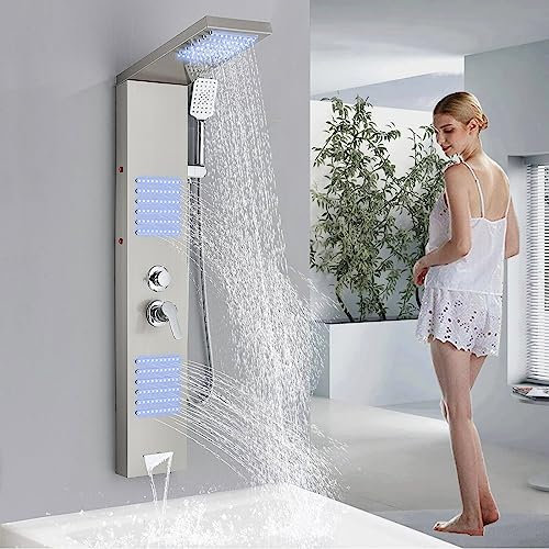 Duschpaneel mit armatur Regendusche DuschsäUle Badewannenarmatur Duschsystem Duschset Duschamaturenset Gebürstetes Nickel LED Edelstahl 304 mit 4 Duschfunktionen