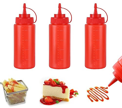 SKYPRO 3er-Pack Rote Plastik-Quetschflaschen 473 ml Mehrzweck-Quetschflaschen für Ketchup, Öl, Marmelade, BBQ-Sauce, Dressing, Grillen, Basteln, Sirup-Spender