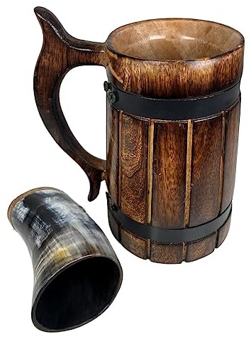 Handcrafted Horn Cup & Wooden Beer Tankard Mug Set Rustic Combo Drinkware Unique Viking Style Design for Ale Mead Wine Kitchen Bar Decor Gift