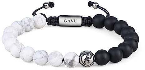 GAVU Bracciale da Uomo con Perline di Onice e Howlite e Charm Yin Yang in Acciaio Inox, Bracciale Pietre Naturali da Uomo Regolabile
