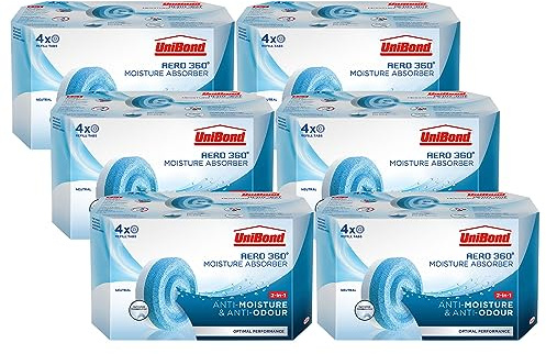 Unibond AERO 360° Moisture Absorber Neutral Refill Tab, ultra-absorbent and odour-neutralising, Aero 360 Neutral Fragance Pack 4 Refills Multi Buy 6