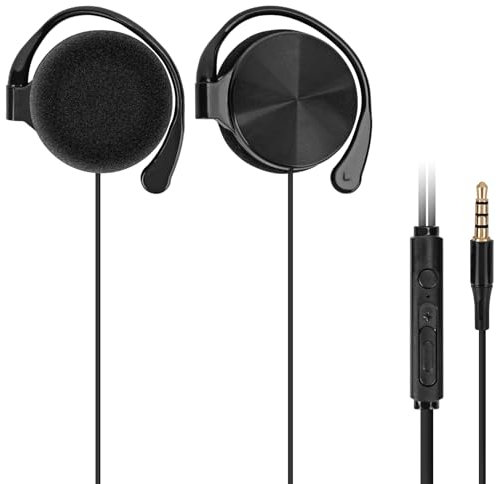 GEEKRIA Wired Clip On Ear Headphones, Portable Hook On Ear Headphones with Microphone and Call Controller Compatible with Android, Avoid Headphone Hair (Black)