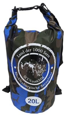 Dry Bag Trockensack Seesack 100% wasserdicht Packsack Tasche Beutel Wasssersport Kanu Kajak SUP Tauchen Schwimmen Baden Strand Angeln Campen wasserfest Schultergurt Drybag Blau Camouflage