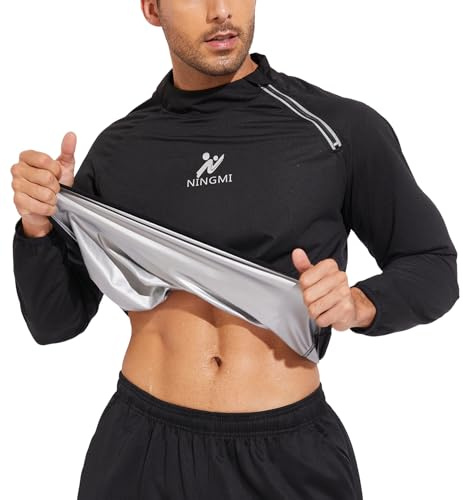 NINGMI Chaqueta de sauna para hombre, sudadera para gimnasio, entrenamiento, fitness, boxeo, ejercicio, manga larga, traje de sauna, Media cremallera negra, XX-Large