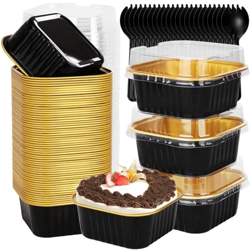 selizo 60 Pack 5oz Mini Disposable Cake Pans with Lids, Aluminum Foil Square Baking Cups, 3.5x3.5 Small Baking Cake Tins Cup Cake Containers with Lids for Individual Cakes, Black