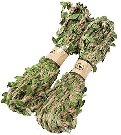 Cuerda de Yute Natural con Hojas Artificiales, 20M Natural Yute con Hojas Verdes Cuerda de Yute de Ratán Artificial para Fiesta, Boda, Decoración de Jardín