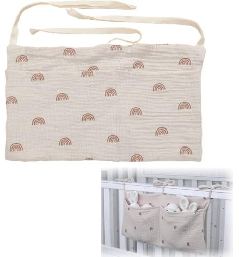 WHYCNJL 1 Stück Babybett Organizer Hängend Betttasche Spielzeugtasche für Kinderbett Organizer Kinderzimmer Aufbewahrungstaschen (Beige Regenbogen)