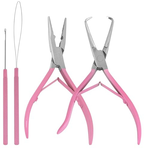 Stainless Steel 2-in-1 Hair Extension Pliers - Apply & Remove Micro Rings, Nano Beads, 2 Loop Pulling Hook, Needle & Threader - Multi-Functional Hair Extension Tool Kit (Pink)