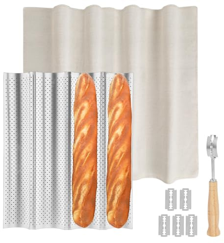 Spmarkt Silver French Baguette Bread Pan Kit, Non-Stick Baguette Tray with Proofing Cloth, Bread Lame for Baking