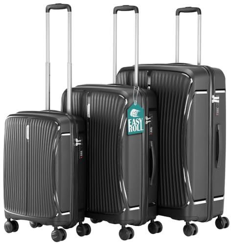 PROVITERA Set 3 Valigie Rigide in ABS, Valigia Rigida 38-59 - 90 Litri, Manico Telescopico, Ruote Easy Roll, Trolley Resistente e Leggero da Viaggio, Bagaglio a Mano (Nero Corvo)