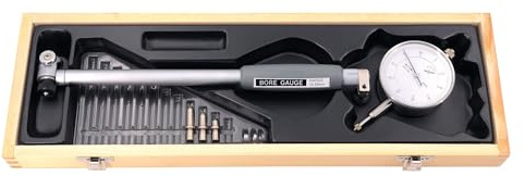 ASIMETO Innenfeinmessgerät 35–50 mm, mit Messuhr 0,01 mm, Bohrungsmessung | Messtiefe 150 mm, fester Messbolzen aus Stahl, beweglicher Messbolzen aus Hartmetall, inkl. Einsätze und Scheiben, Etui