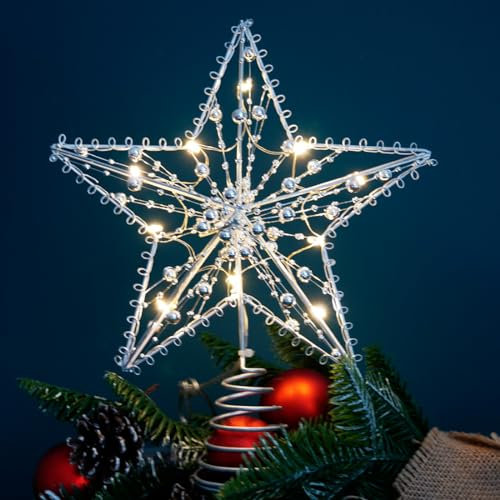 Estrella de Árbol de Navidad Plata, Topper con LED Lentejuelas Brillantes, Base Espiral, Adorno Navideño para Hogar, Fiesta, Salón, Jardín (20 x 25 cm)