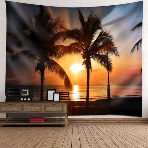 Mesnt Wandteppich Strand Palmen, 200x200cm Sonnenuntergang Palme Landschaft Natur Landschaft Wanddeko für Schlafzimmer Wohnzimmer Wohnheim | Orange Grau