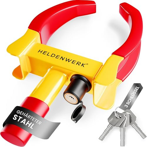 HELDENWERK Sabot de roue avec serrure de haute sécurité et 3 clés – Pour remorque, camping-car, caravane, voiture – Sabot de roue de voiture, griffe de roue pour pneus de 18 à 30 cm de largeur (jaune