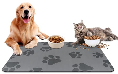 Napfunterlage rutschfeste Hund Katzen, 40 x 60 cm Super Saugfähige Futtermatte für Haustier, Grau Fressnapf Matte, Schnelltrocknende Katzenfuttermatte für Hunde und Katze