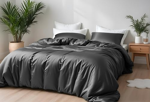 LINENWALAS Bettwäsche-Set aus 100% Bambus, hochwertiger kühlender Bettbezug aus Seide, 4-teiliges Bettwäsche-Set, 2 Bettbezüge 135 x 200 cm und 2 Kissenbezüge, weicher Bettbezug (Anthrazit)