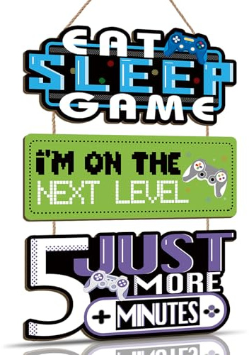 ANHUIB Game Hanging Wooden Sign Gamer Room Wall Decor Eat Sleep Video Gaming Room Wall Art Gaming Bedroom Accessories Birthday Gifts for Teenage Boys Bedroom Accessories Men Cave Door Sign Decoration