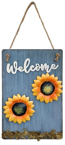 TAIYOU Cartello di benvenuto in legno blu con corda, 28 x 18 cm, per cancello da giardino, ingresso, decorazione da parete per interni ed esterni, portico, giardino, ufficio, girasole in ferro, vero