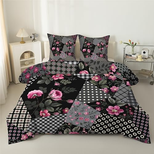 Schwarzes Plaid Patchwork Bettdecke 135x200 4 Jahreszeiten, Steppdecke 135x200, Warme Ganzjahresdecke Rosa Blumen Bettdecke ohne Bezug Waschbar Schlafdecke mit 2 Kissenbezug 80x80cm - C47