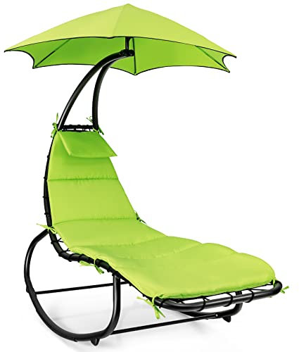 Outdoor Schaukelstuhl Chaiseliege Schaukel Sonnenliege mit abnehmbarem Baldachin & Kissen Gebogener Stahl Terrasse Lounge Liege Wippe für Garten, Strand, Rasen und Pool