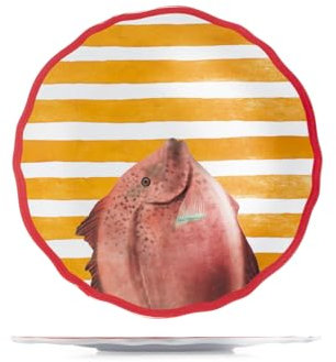 H&H, Set 6 Piatti Piani Marea in Melamina Decorata – Ø28 cm – Righe Bianche e Gialle, Bordo e Decoro Pesce Rosso – Lavabili in Lavastoviglie