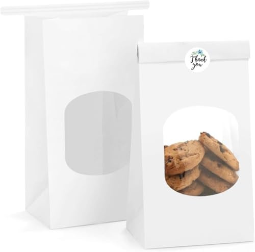 Pack of 25 Small Cookie Bags with Window - White Kraft Paper Geschenktüten, Baking Small Bread Bag, 9 x 6 x 17 cm - for Christmas, Wedding, Pastries, Snack, Sweets Gift Bag - With Sticker
