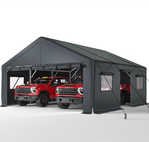 Bepatio 2 Car Carport, 20 x 20 Heavy Duty Metal Carport, Extra Large Car Port, Outdoor Portable Garage with Side-Opening Doors & Roll-Up Windows