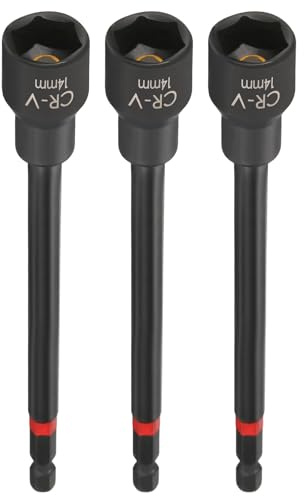 sourcing map 3 brocas de destornillador de tuerca de 14 mm, vástago hexagonal de 150 mm de largo, magnético de 6 puntos, ajuste de pernos de acero CR-V fosfatado de cambio rápido para taladros