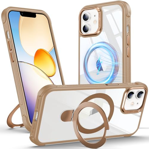 Anqrp O-Ring Magnetic KickStand Clear Case for iPhone 12/12 Pro, Compatible with Mag-Safe, Military-Grade Reinforced 4-Corners Anti-Yellowing Transparent Phone Case Cover for iPhone 12/12 Pro, Gold
