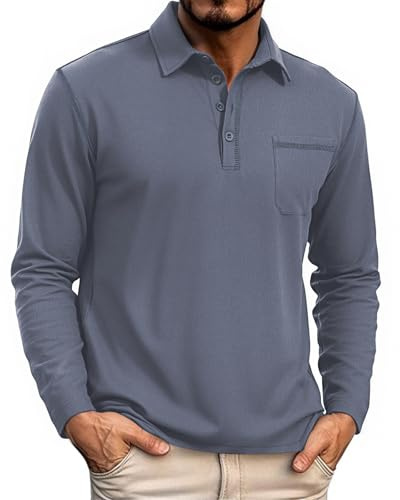 HMIYA Herren Poloshirt Langarm Männer Knopfkragen Baumwolle Polo Hemd Basic Polohemd PulloverGolf Casual T-Shirt,Graublau,L