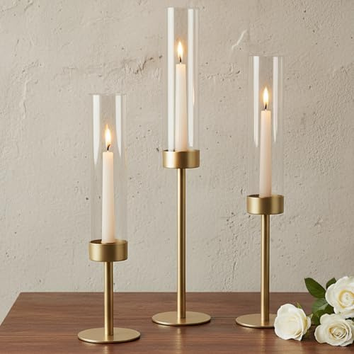 Basitys 3er Set Gold Kerzenständer Vintage, Hohe Metall Kerzenhalter Stabkerze mit Windlicht Glas Elegante Tischdeko für Hochzeit, Wohnzimmer & Feste (3, Gold)