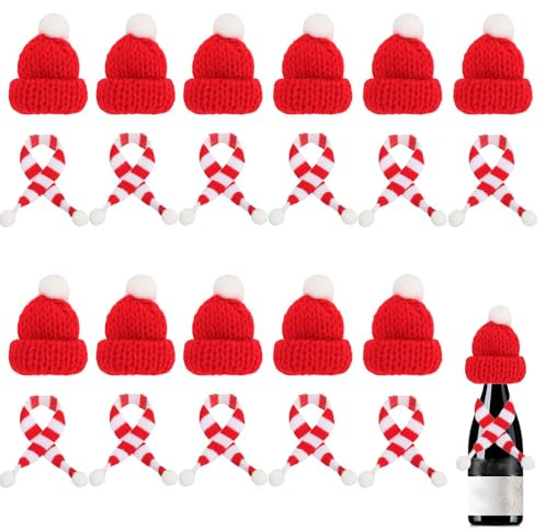 Quaverro Kleine Weihnachtsmütze und Schal Set, 22 Stück Mini Weihnachtsmütze, Kleine Weihnachtsmützen, Tischdeko weihnachten, Für Weihnachten Weinflasche Abdeckung, Puppenhaus, Weihnachtsfeiern (A)