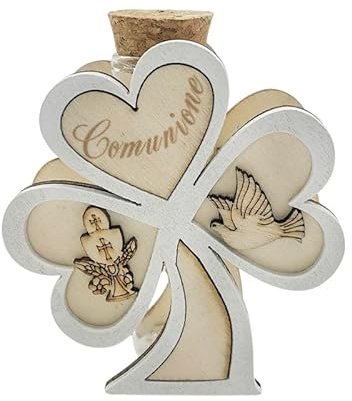 Ingrosso e Risparmio Bombonera de comunión, 6 unidades, trébol de madera con tubo de ensayo de cristal, porta peladillas, símbolos de primera comunión, cáliz hostia, niño, niña y niño, niño, niña