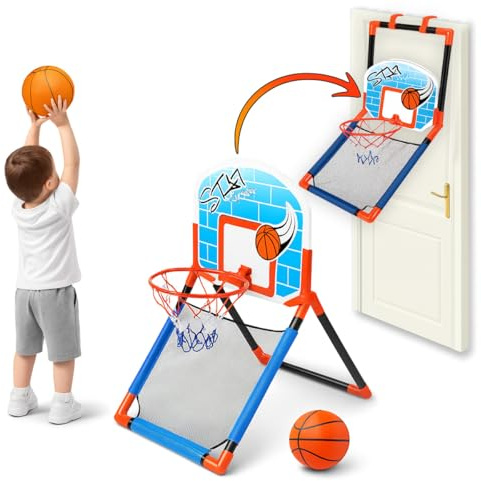 Toyana 2-in-1 Mini Basketball Over The Door & Floor Stand Hoop Set Adjustable Height Ball Catching Net for Kids Toddlers Boys Indoor & Outdoor Portable Toy for Sports Gift Boys Girls Ages 3+ Years
