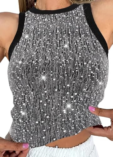 Naimo Damen Glitzer Pailletten Tank Top Ärmellos Rundhals Bluse Sparkle Sexy Weste Party Club Oberteile