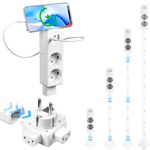 NPHKI Erweiterbare Steckdosenverlängerung 25–95 cm, 2 AC, 2 USB-A & USB-C | 4-fach Erweiterbar, Überlastschutz, Ideal für Schwer Erreichbare Bereiche hinter Sofa, Nachttisch und Schrank