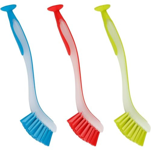 Dish Brushes for Washing Up, 3 Pack Kitchen Brushes for Dishes, Long Handle Dish Washing Brush Set for Deep Cleaning Pots and Pans (Red, Yellow, Blue)