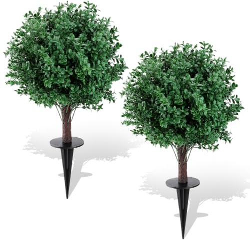 Gugxiom Juego de 2 arbustos artificiales de boj con estaca, resistentes a los rayos UV, plantas artificiales para jardín, patio, porche y terraza